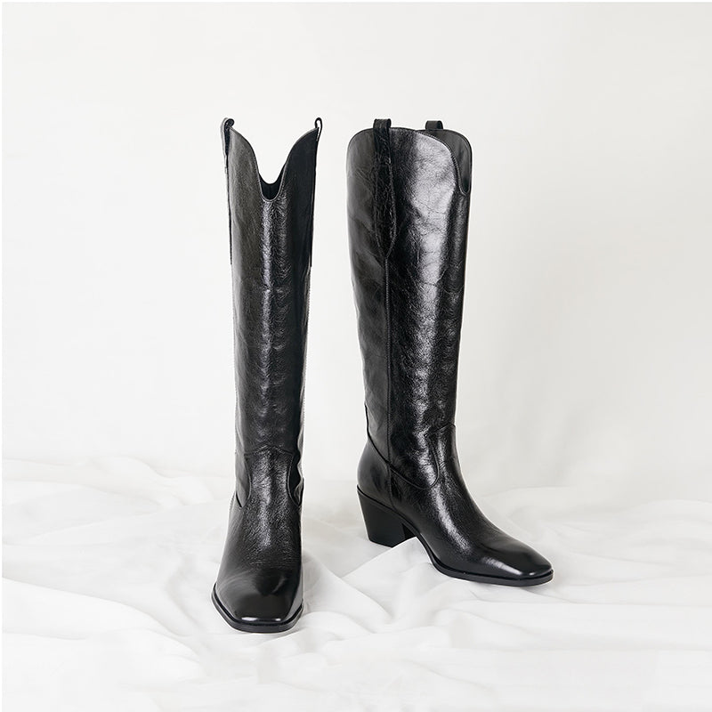 Cowboy Boots Women Handmade Genuine Leather in Black/Beige - HIGH WESTERN BOOTS Side Zipper