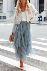 Allegro Ruffle Tulle Midi Skirt Grey Blue