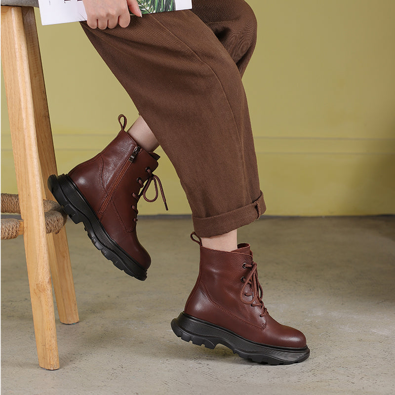 Winter Boots Handmade Genuine Leather Lace-Up Combat Boots Retro Chunky Platform Boots Black/ Coffee