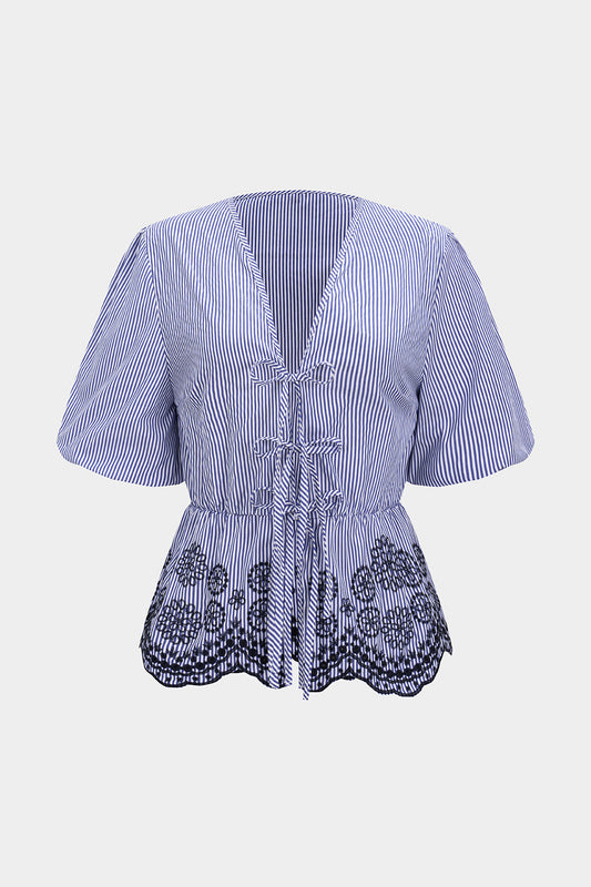 Stripes Print Embroidery Short-Sleeve Shirt