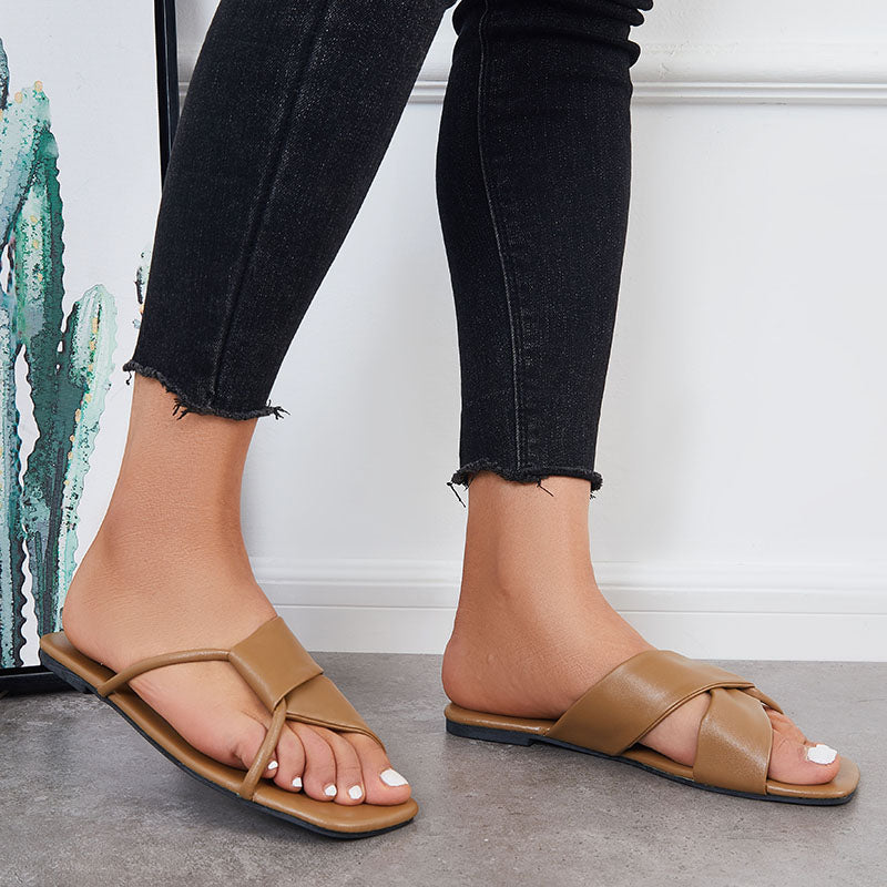 Criss Cross Slide Sandals Casual Square Toe Flat Slippers