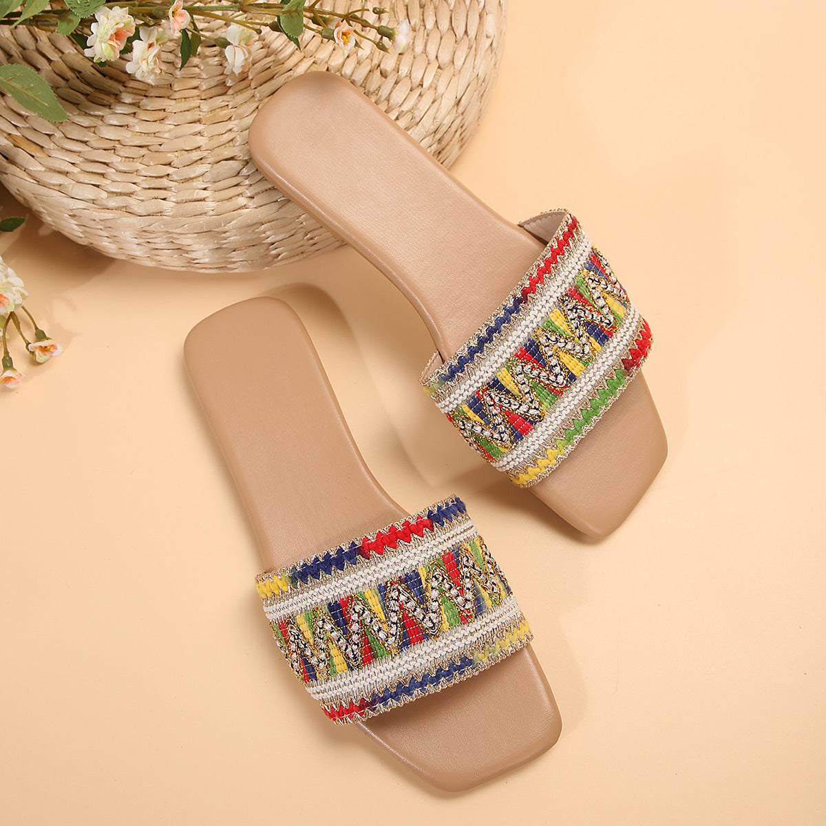 Women's Plus Size Summer Rhinestone Flat Square Sandals