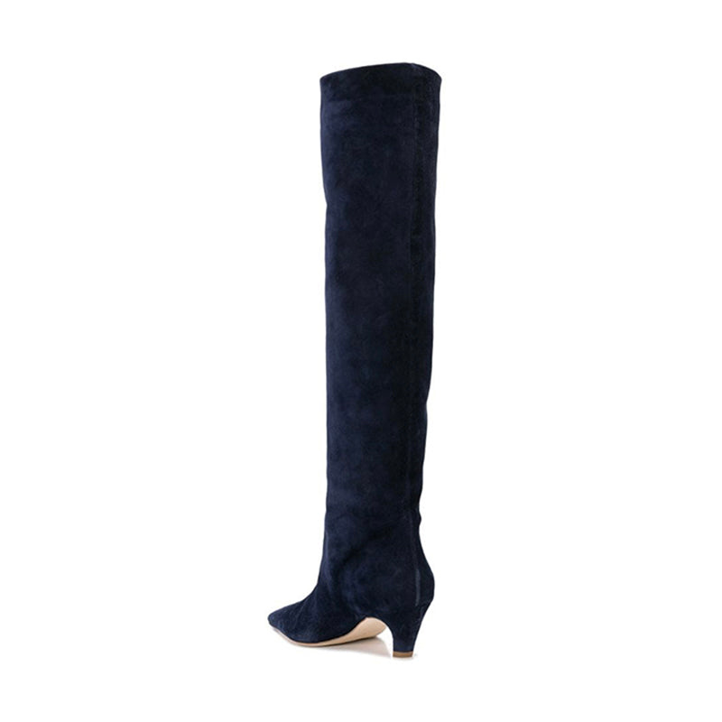 Kitten Heel Wide-Shaft Boots In Black/Brown/ Blue Stretch Velvet - Women Knee-high Boots
