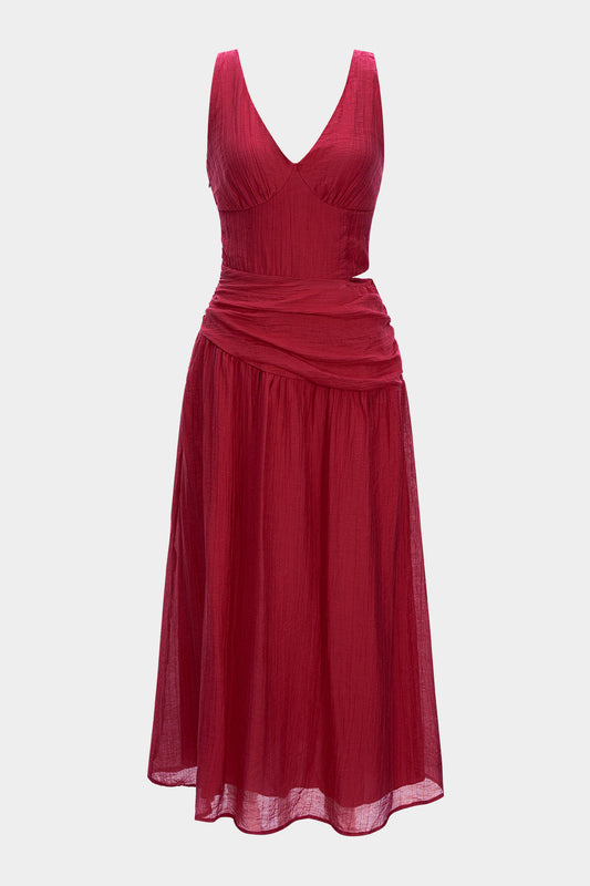 V-Neck Cut Out Asymmetrical Ruched Sleeveless Midi Dress