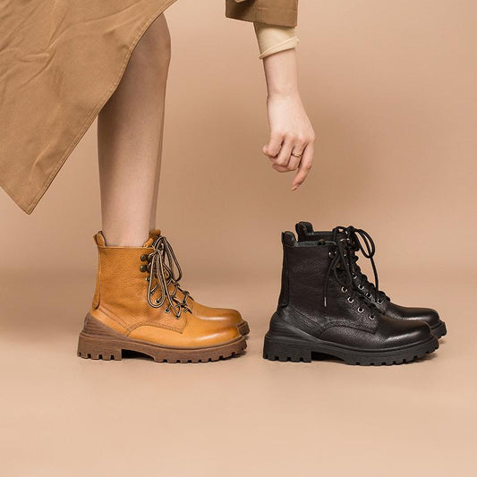 Leather Boots Designer Retro Chunky Riding Boots Handmade Black/Yellow