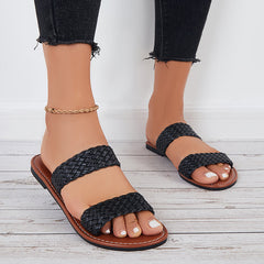 Open Toe Flat Sandals Braided Strap Slides Woven Leather Slippers