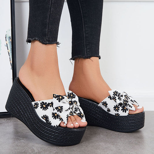 Platform Wedge Sandals Bowknot Slides Casual Open Toe Slip on Dress Slippers