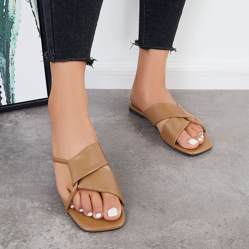 Criss Cross Slide Sandals Casual Square Toe Flat Slippers