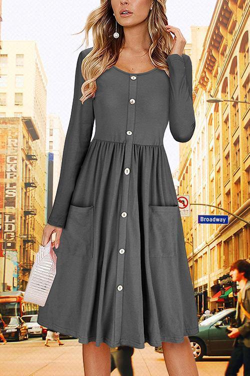 Button Pocket Solid Color Dress