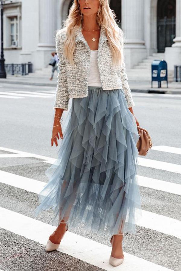 Allegro Ruffle Tulle Midi Skirt Grey Blue