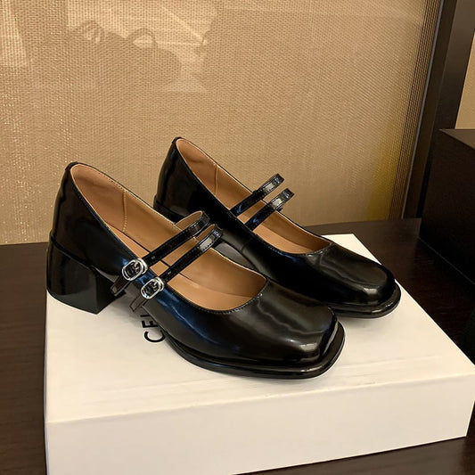 Josiann Square Toe Block Heels Mary Jane Shoes
