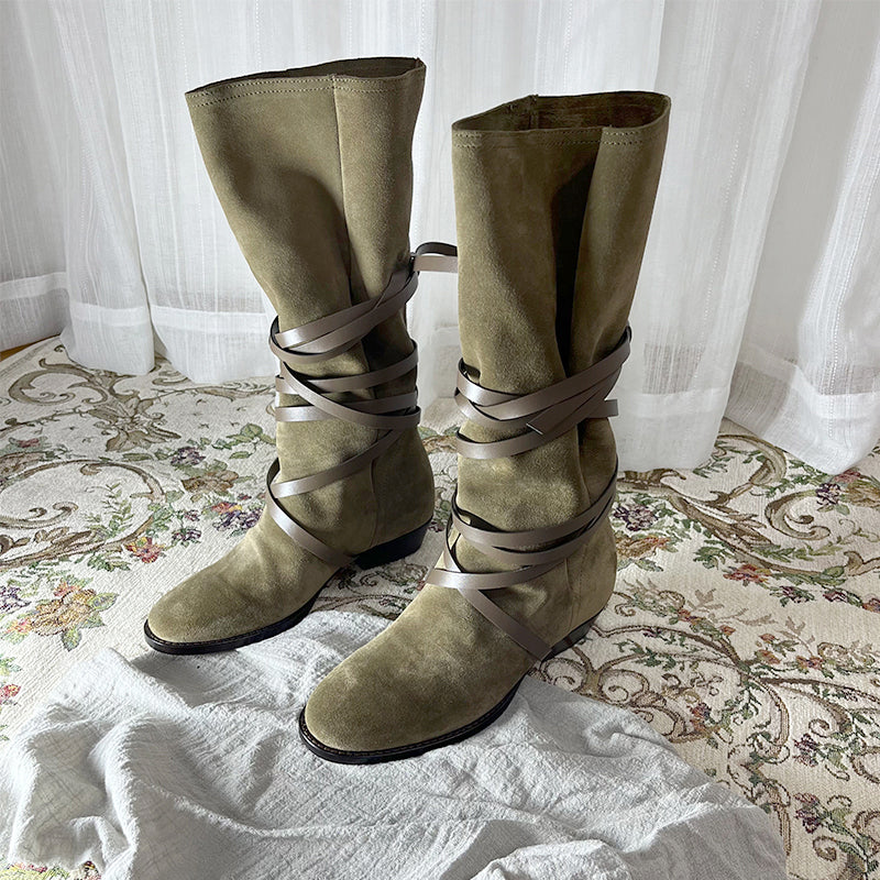 Womens Leather Mid Calf Western Boots In Khaki - Slouchy Suede Boots Round Toe