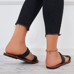 Open Toe Flat Sandals Braided Strap Slides Woven Leather Slippers