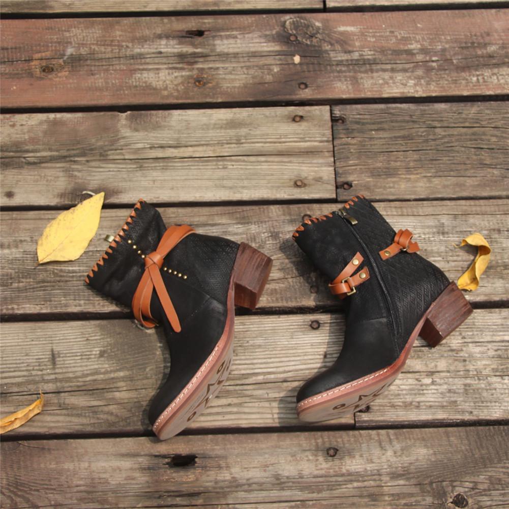 Women'S Leather Heeled Ankle Boots Retro Rivet Comfortable Walking Round Toe Black