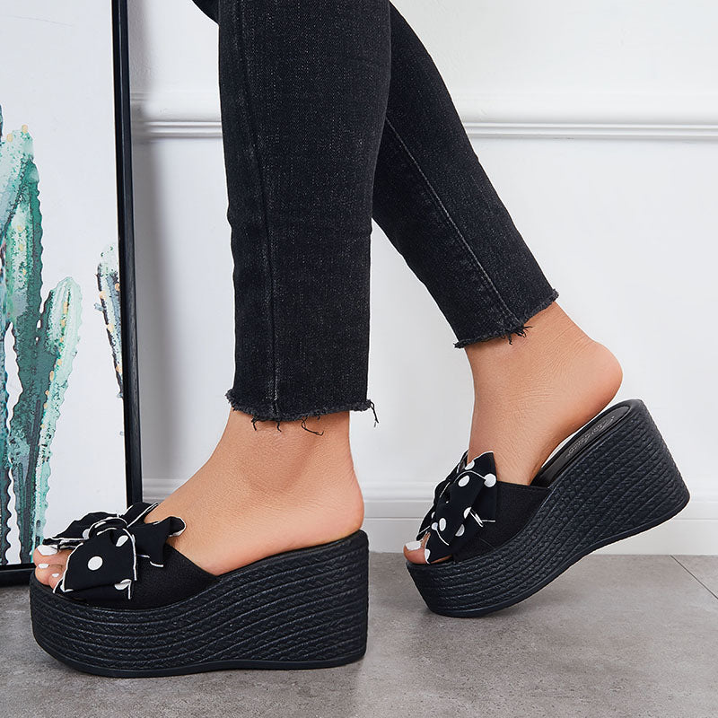 Black Bowknot Platform Wedges Slide Sandals Slip on Beach Slippers