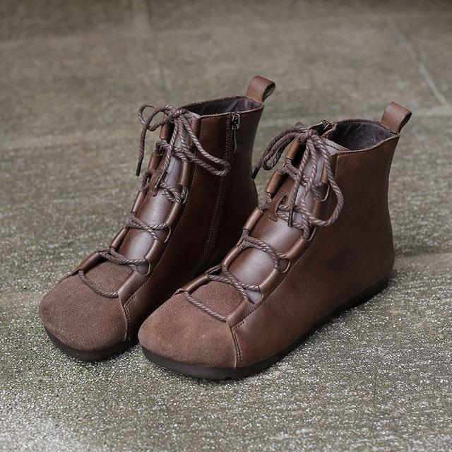 Retro Genuine Leather Soft Flat Boots For Women Round Toe Lace Up Mori Girl Style Ankle Boots Wide Fit Black