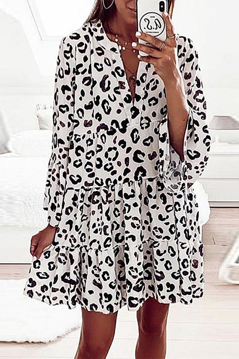 Printed Long-Sleeve Loose Bell Sleeve Splice Dress