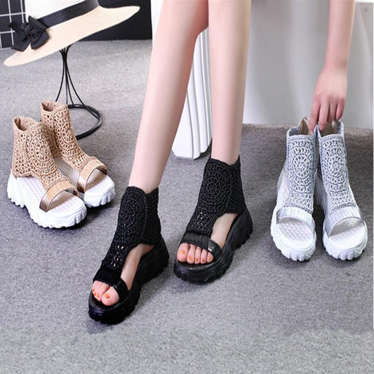 Women's Knitted Wool Polyurethane Peep Toe Platform Sandals