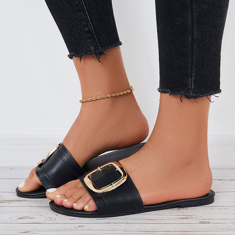 Buckle Flat Slide Sandals Square Toe Beach Slippers