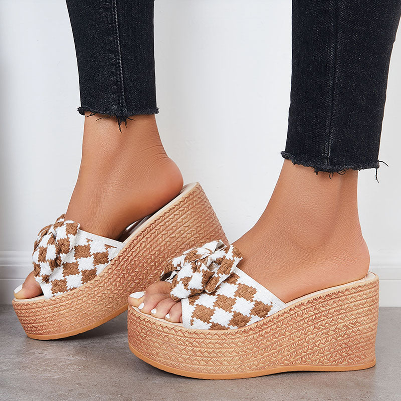 Bowknot Platform Wedge Slide Sandals Plaid Open Toe Slippers