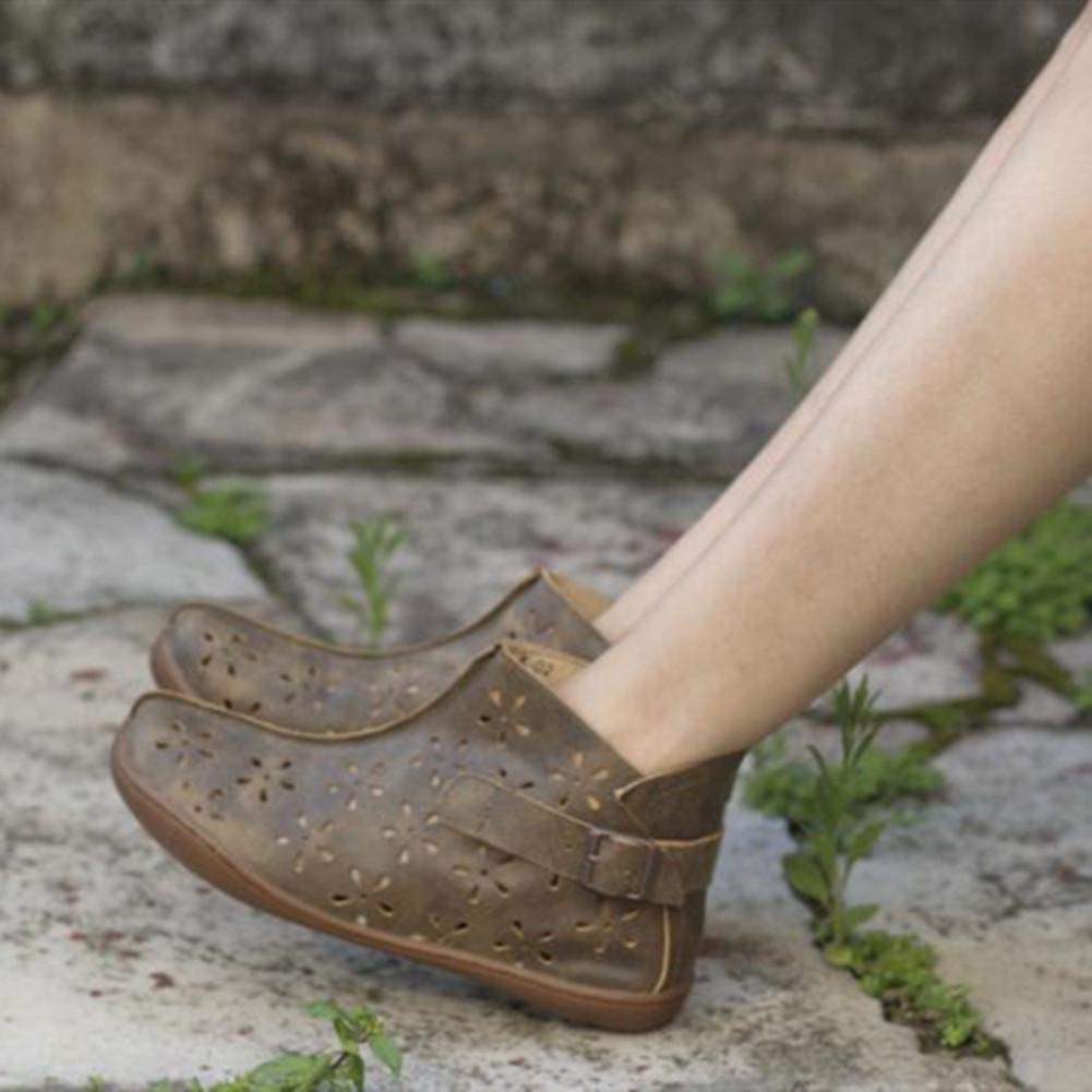 Women Ankle Boots Leather Handmade Hollow Mori Girl Shoes Flats Grey