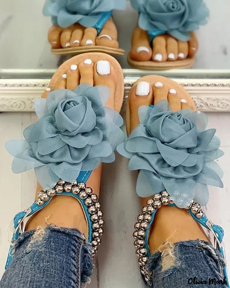 Mesh Flower Embellished Beaded Flat Sandals