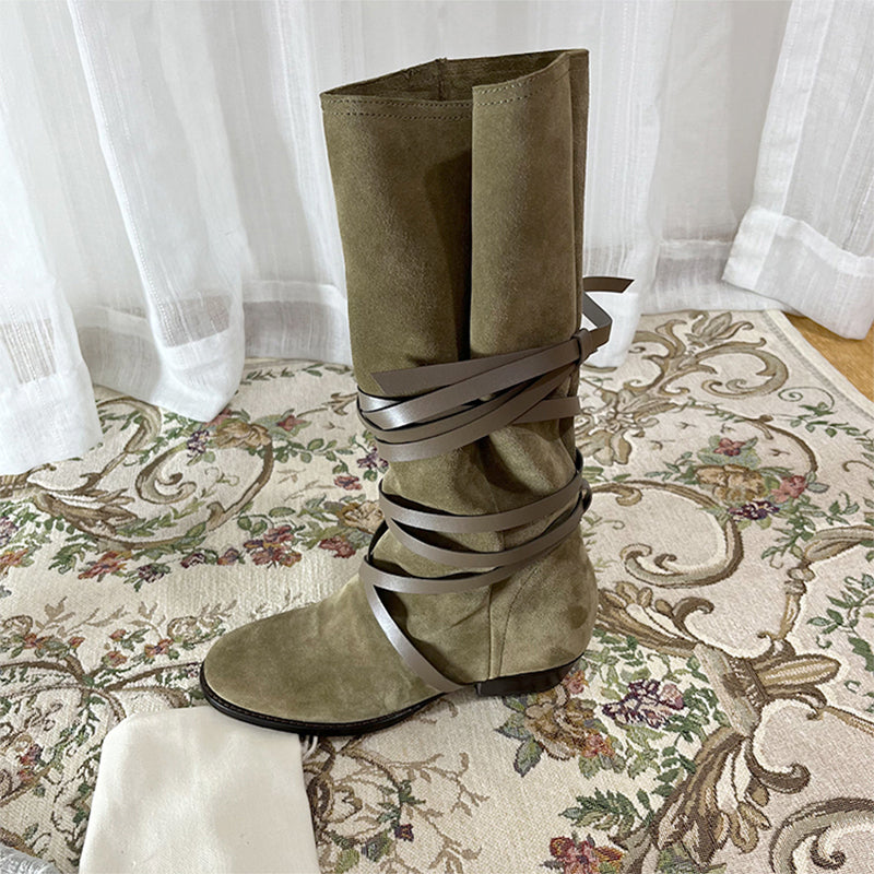 Womens Leather Mid Calf Western Boots In Khaki - Slouchy Suede Boots Round Toe