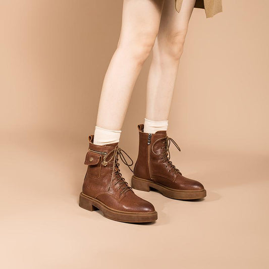 Fashion Full Grain Leather Combat Boots Designer Retro Chunky Riding Boots Side Zip Pocket Decoration Brown/Black