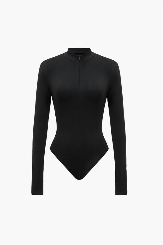 Solid Zipper Long Sleeve Sports Bodysuit