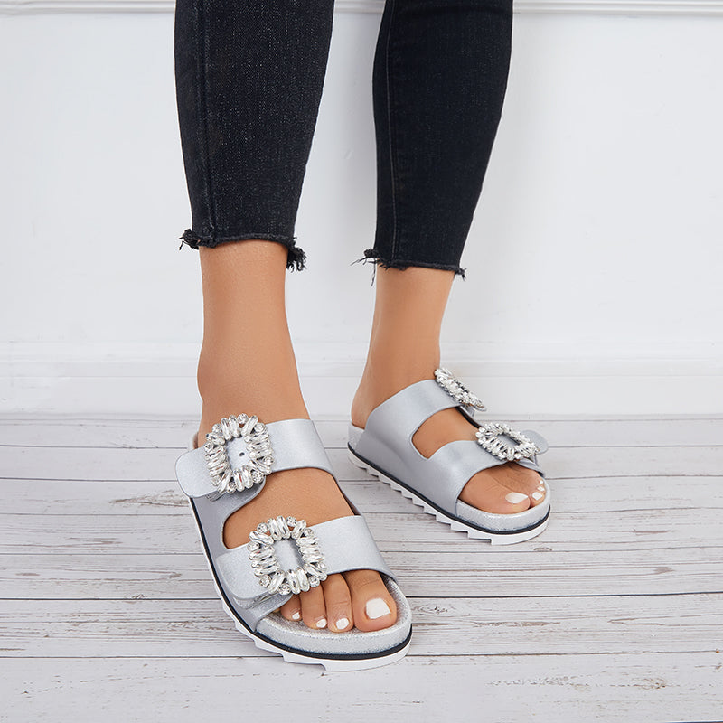 Rhinestone Velcro Platform Slides Slip on Flat Sandals Slippers