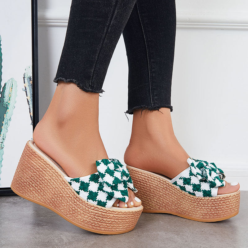 Bowknot Platform Wedge Slide Sandals Plaid Open Toe Slippers