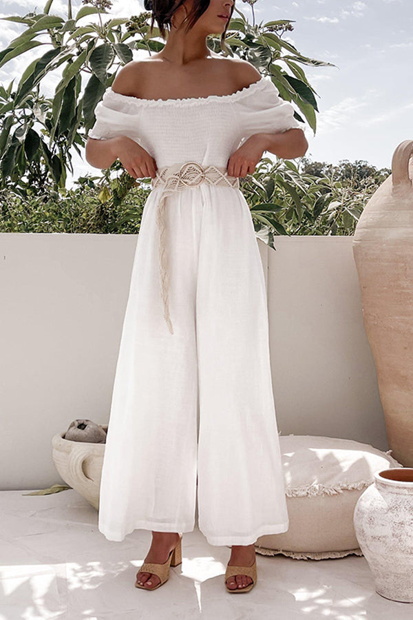 White One-piece with A One-line Collar and Bubble Sleeves