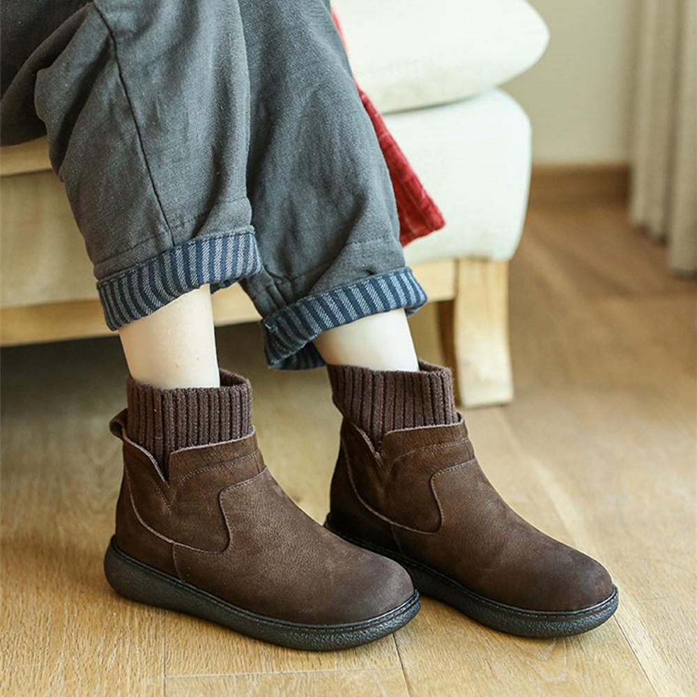 Handmade Brush-Off Leather Woven Top Line Platform Suede Ankle Boots Coffee/Grey