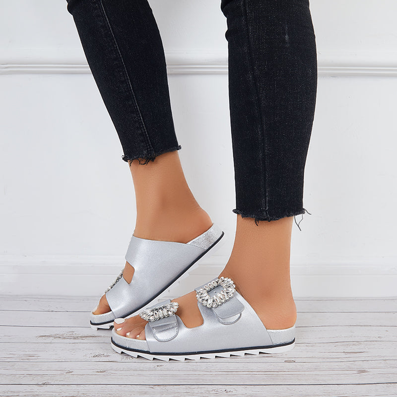 Rhinestone Velcro Platform Slides Slip on Flat Sandals Slippers