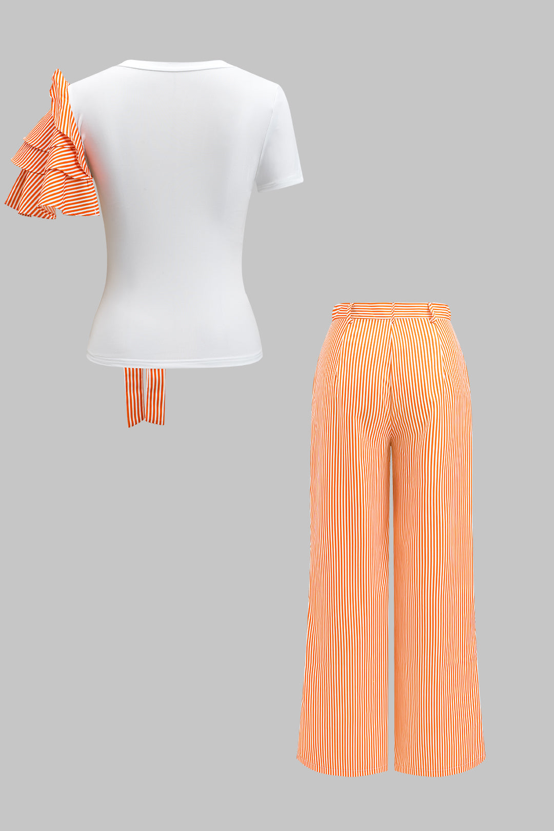 Stripe Print 3D Floral Short Sleeve Top And Button Wide Leg Trousers Set