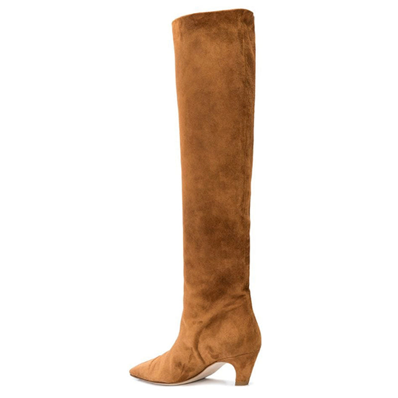 Kitten Heel Wide-Shaft Boots In Black/Brown/ Blue Stretch Velvet - Women Knee-high Boots