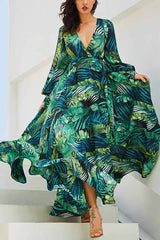 V-Neck Leaf Print Maxi Dress