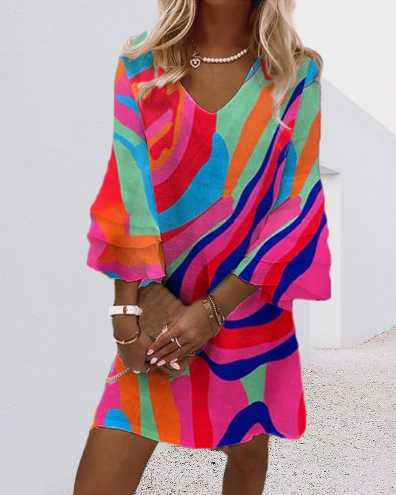 Bell Sleeve Multicolor Print Dress