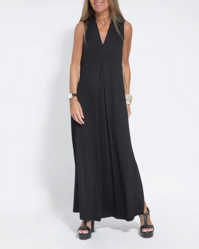 V-neck sleeveless solid color dress