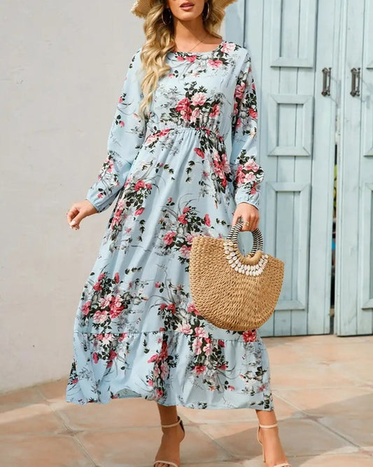 Elegant floral print round neck dress
