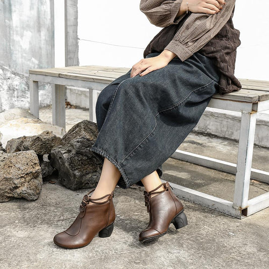 Retro Round Toe Women Ankle Boots Block Heels Back Zipper Coffee/Black