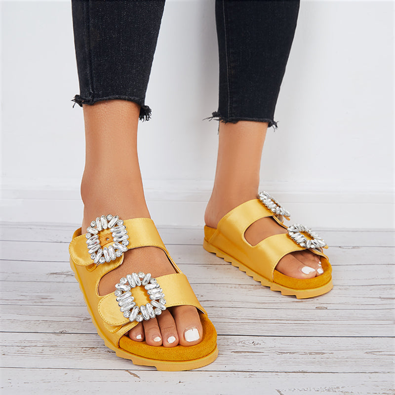 Rhinestone Velcro Platform Slides Slip on Flat Sandals Slippers