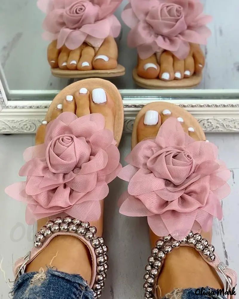 Mesh Flower Embellished Beaded Flat Sandals