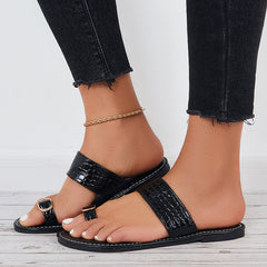 Black Toe Ring Slide Sandals Wide Flat Slippers