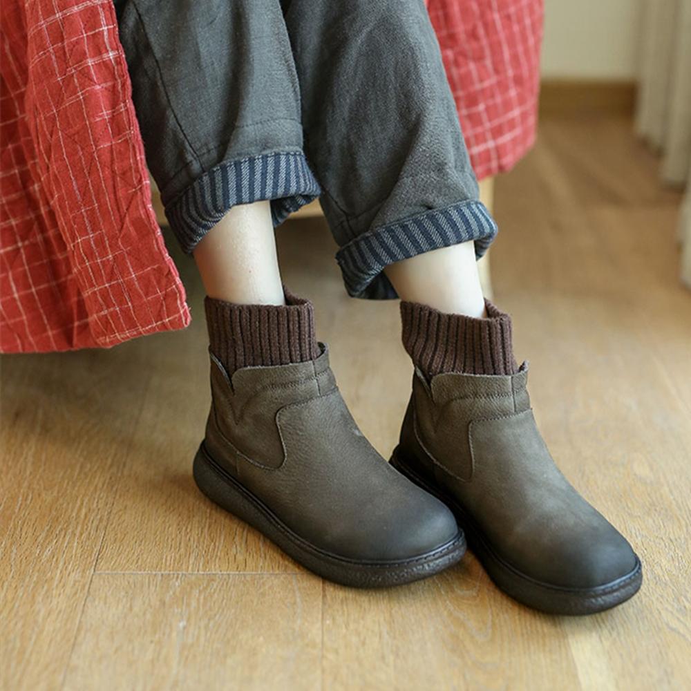 Handmade Brush-Off Leather Woven Top Line Platform Suede Ankle Boots Coffee/Grey