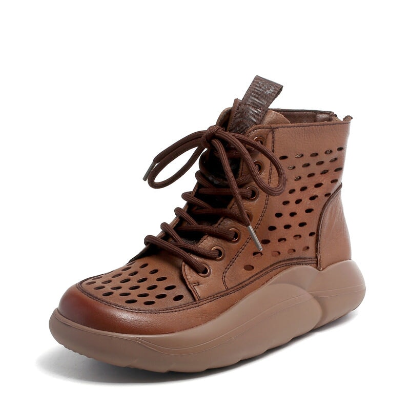 Womens Lace up Summer Boots Handmade Leather Hollow Out Platform Boots Brown/Black