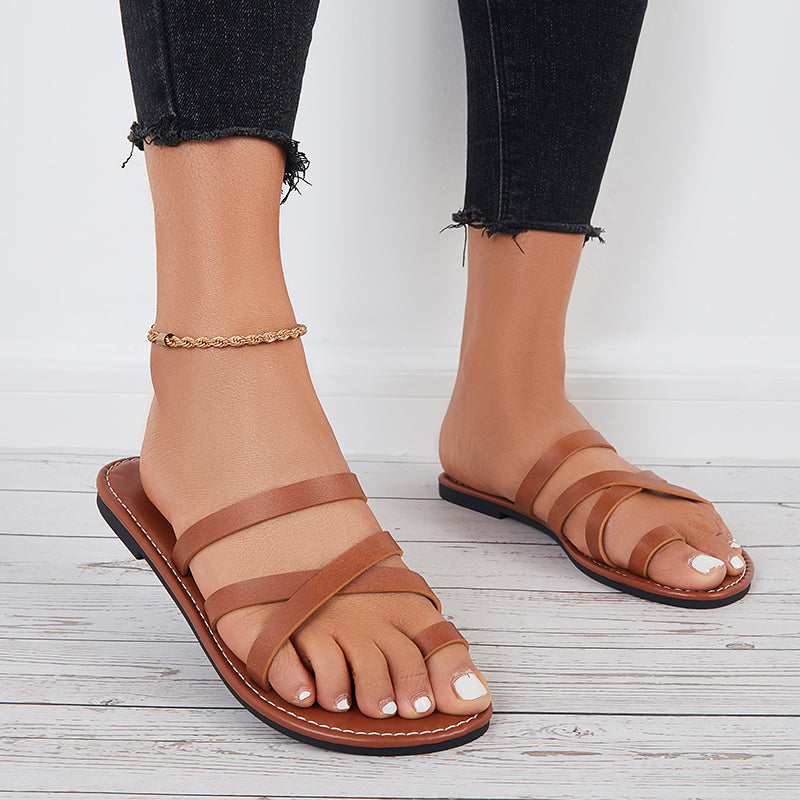 Brown Toe Ring Wide Slide Sandals Flat Beach Slippers