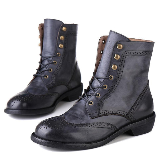 Handmade Wingtip Shoes Leather Boots Block Carving Brogue Ankle Boot For Women Black/Coffee