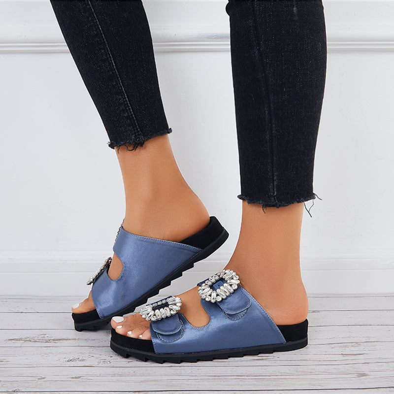 Rhinestone Velcro Platform Slides Slip on Flat Sandals Slippers