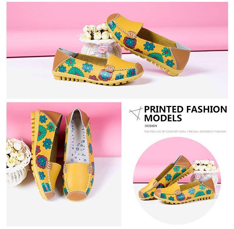 Fashion Ballet Summer Flower Print Shoes Genuine Leathe Loafers Ladies Flats Shoes